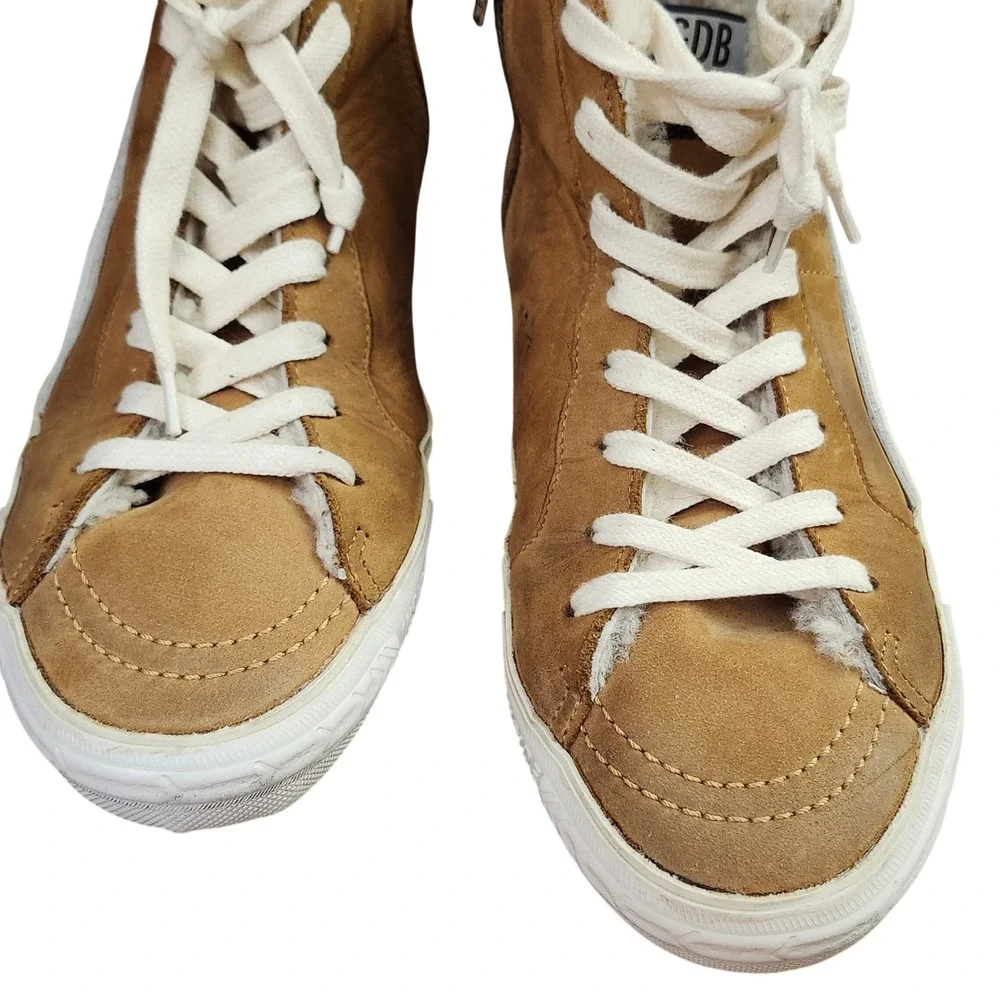 Golden Goose Slide Tan Suede Shearling Lined High Top Sneakers Silver Star 37